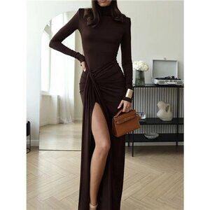 Turtleneck Long Sleeve Slit Maxi Dress